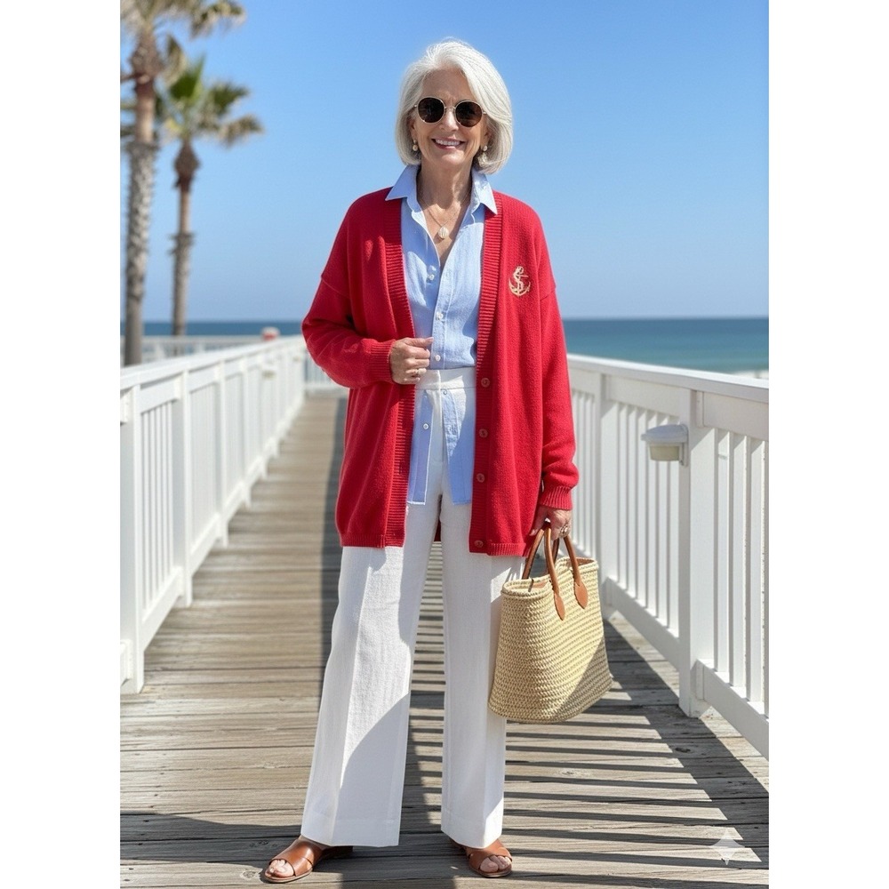 Vintage XL Red Nautical Cardigan Oversized Anchor Coastal‎ Grandma GrandpaCore